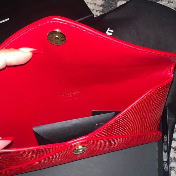 Brand New: Yves Saint Laurent Red Paloma Lizard Embossed Leather Clutch - Picture 10 of 11